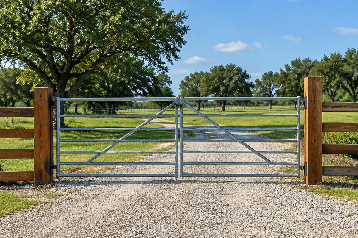 Placeholder photograph of a steel ranch gate with cedar posts